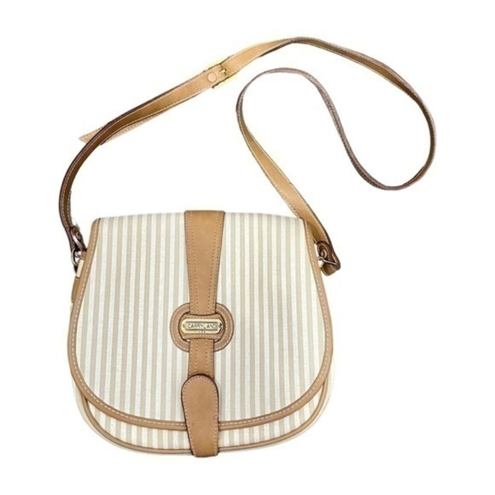 Carryland Brown White Vintage Striped Vegan Faux Leather Crossbody Saddle Bag